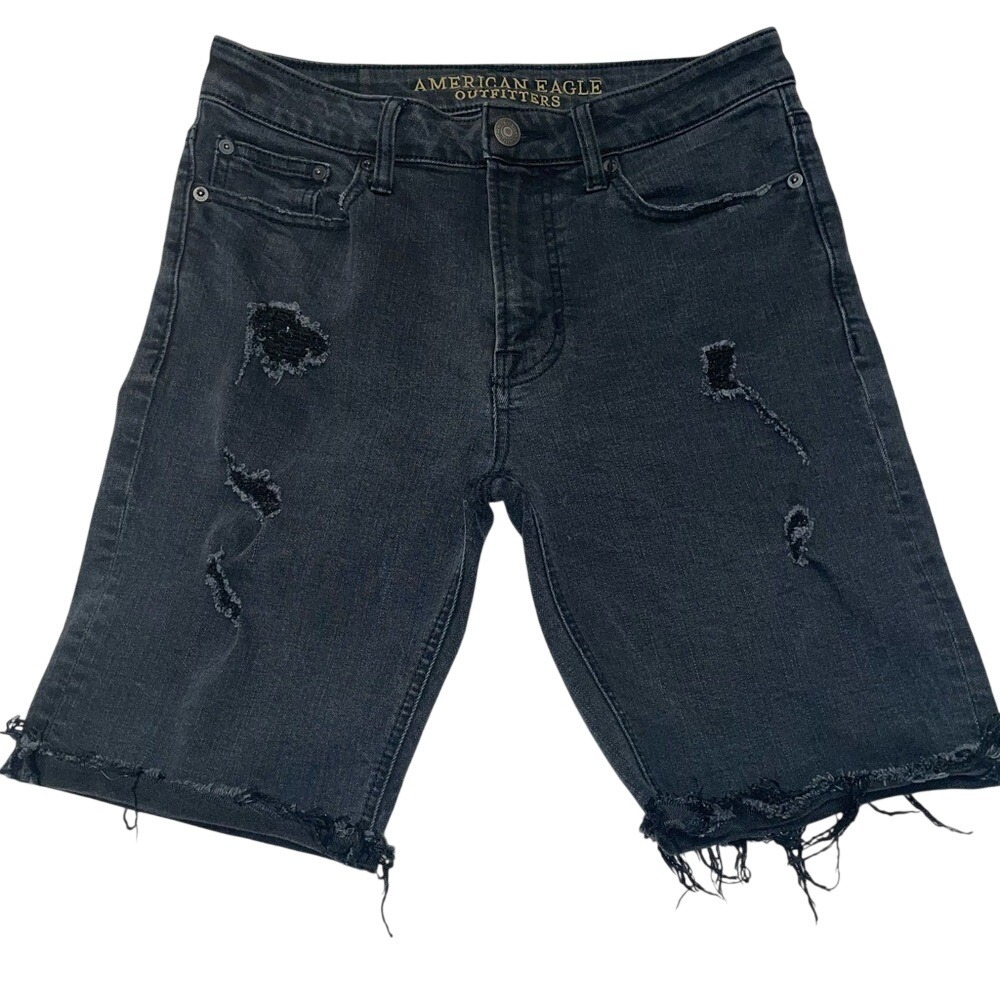 American Eagle Outfitters Mens Distressed Denim Shorts Black Frayed Hem Cutoff